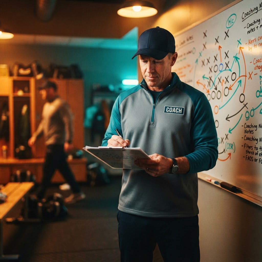 A youth sports coach reviewing a clipboard beside a whiteboard of play diagrams